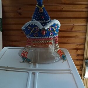 Children's  Costume Chinese Blue Beaded Hat with Colorful Accents